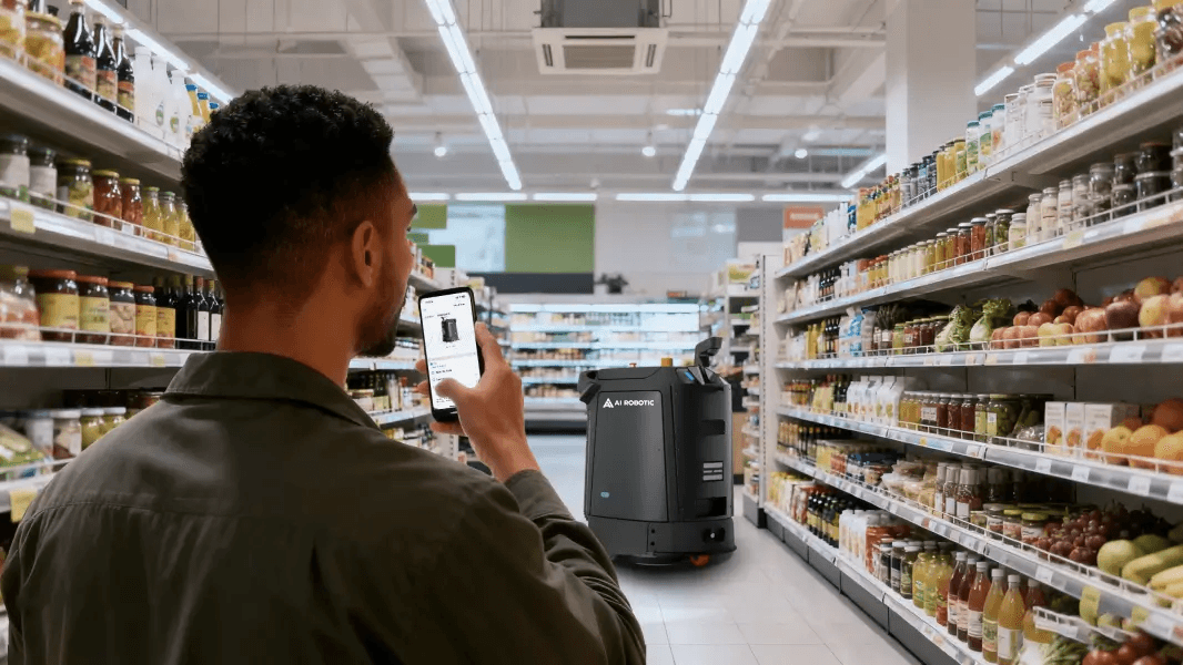 Facility staff dispatching the L3 from the mobile app in a supermarket aisle