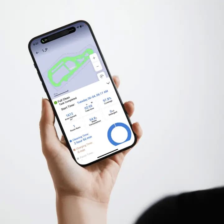 Completed-run report in the AI Robotic app: route map, 97.8% coverage, water use and cleaning time