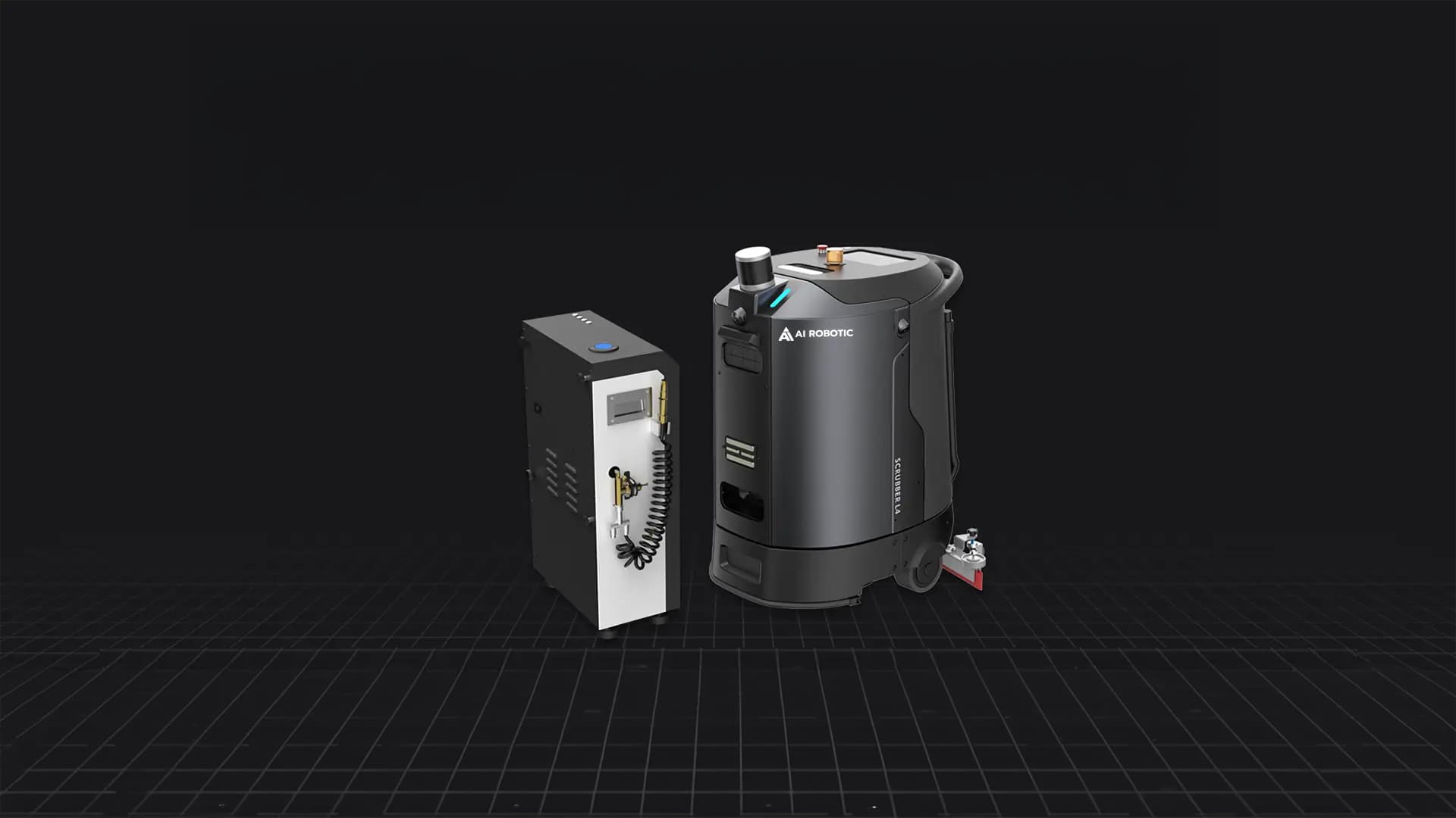 L4 docked beside its 4-in-1 workstation for autonomous refill, discharge and charging