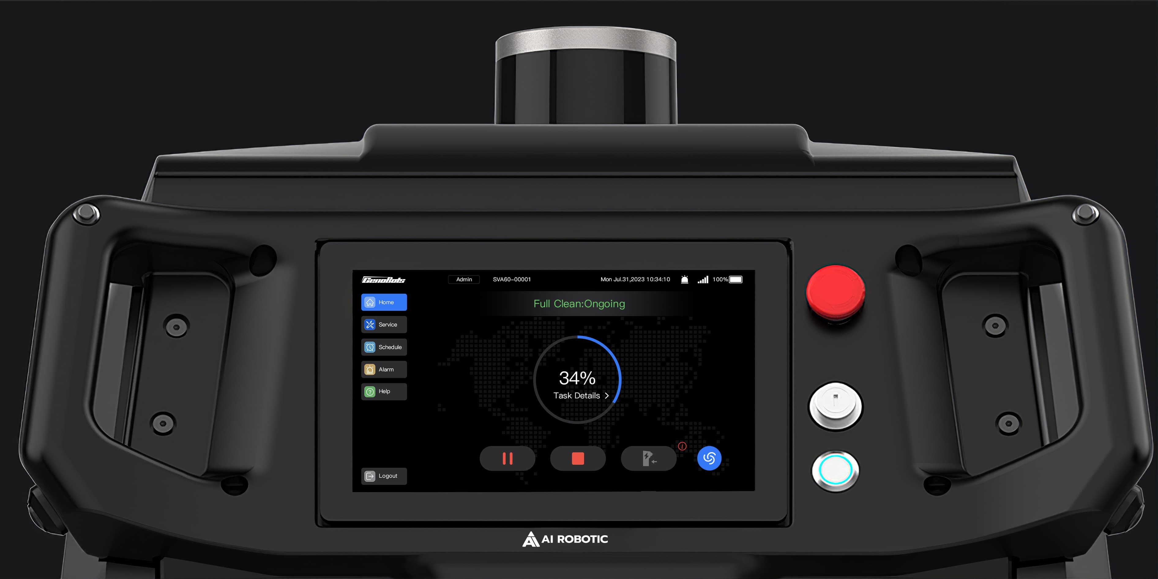L50 onboard console showing a full-clean task at 34% with pause, stop and dispatch controls