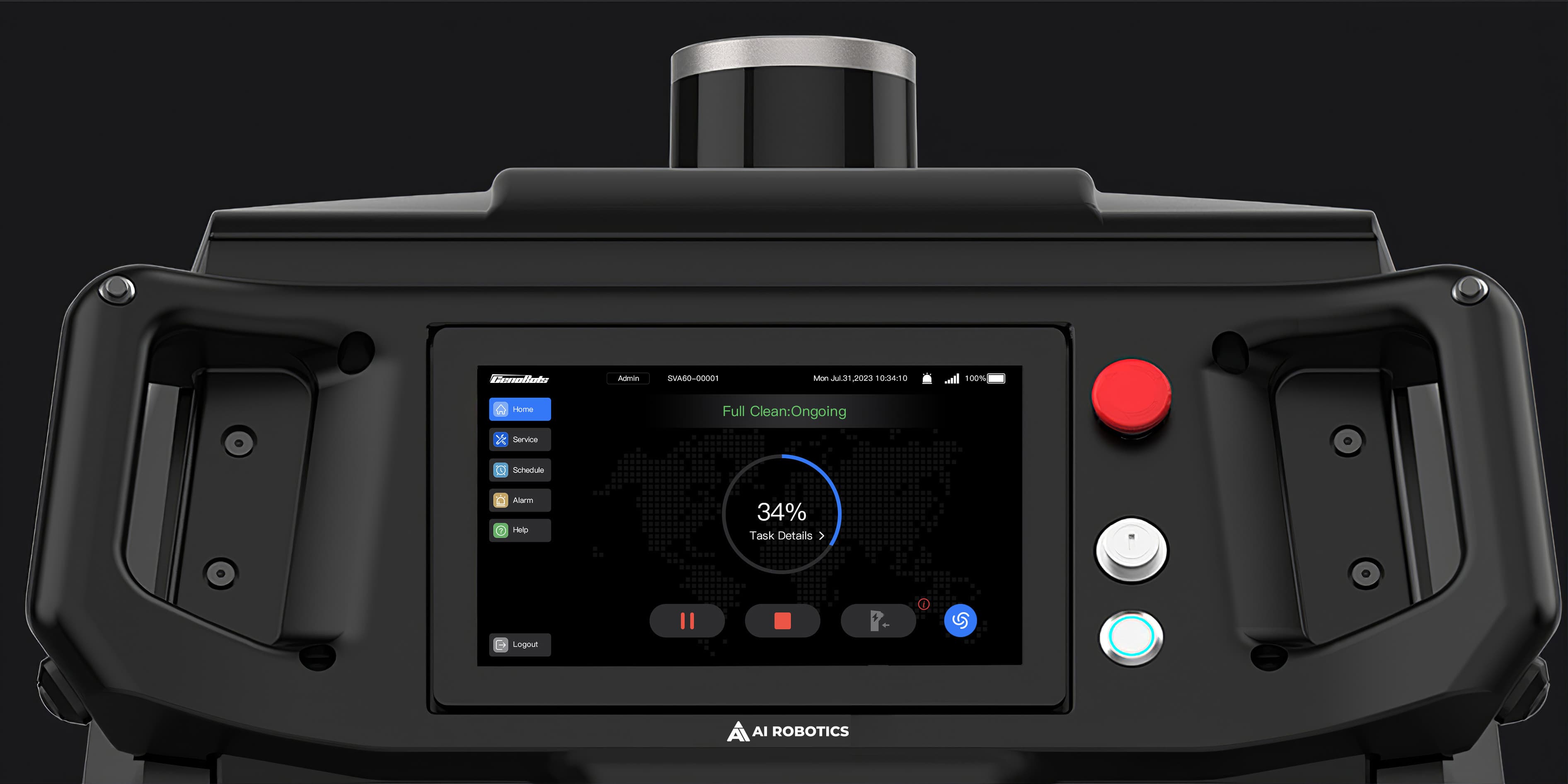 L50 onboard console showing a full-clean task at 34% with pause, stop and dispatch controls
