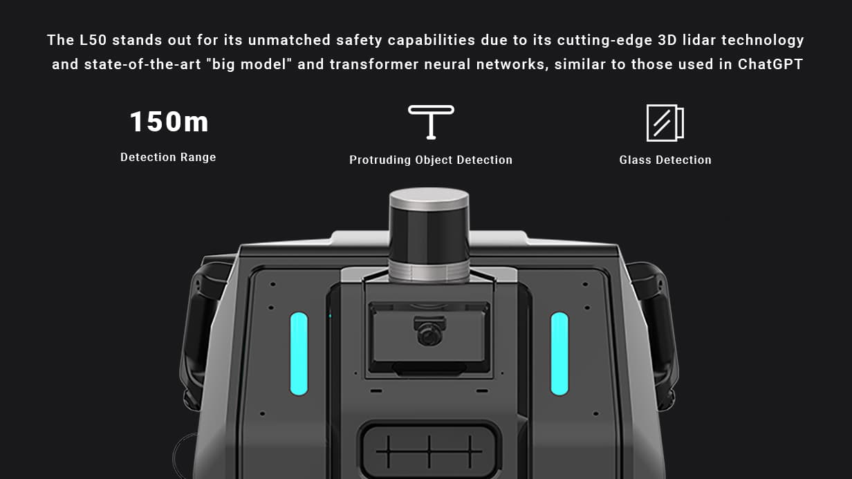 Top-down view of the L50 sensor head: 150 m detection range, protruding-object and glass detection