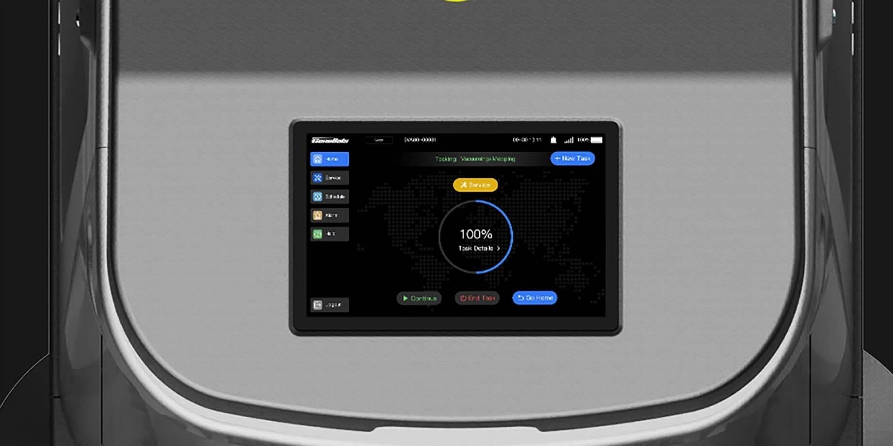 SP50 onboard console showing a vacuum-and-mop task at 100% with continue, end and return-to-dock controls