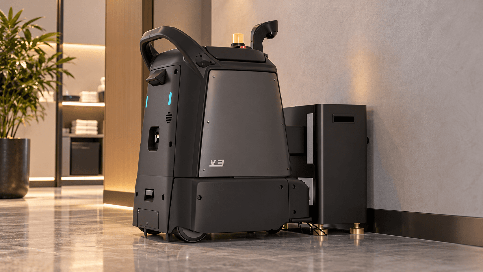 V3 backed into its charging dock against a corridor wall
